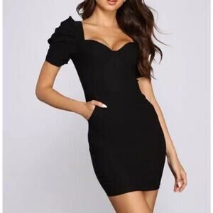 Windsor NWT Women Ruched Bodycon Mini Dress Puffy Sleeves Black Size Medium New